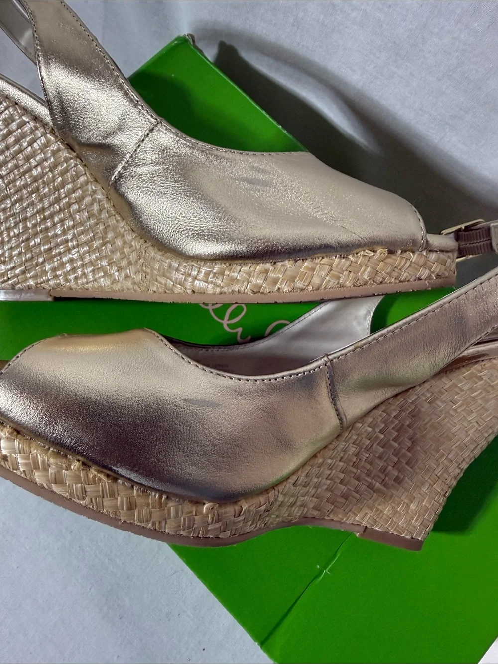 Lilly Pulitzer Gold Peep-Toe Wedge Slingback Sandals Size 9.5